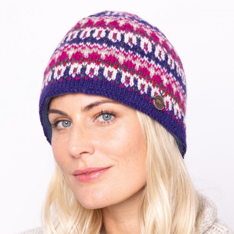 Pure Wool Multi-patterned beanie - hand knitted - petunia