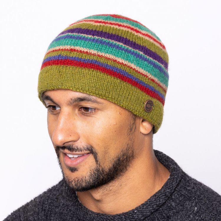 NAYA pure wool - random stripe beanie hat - green