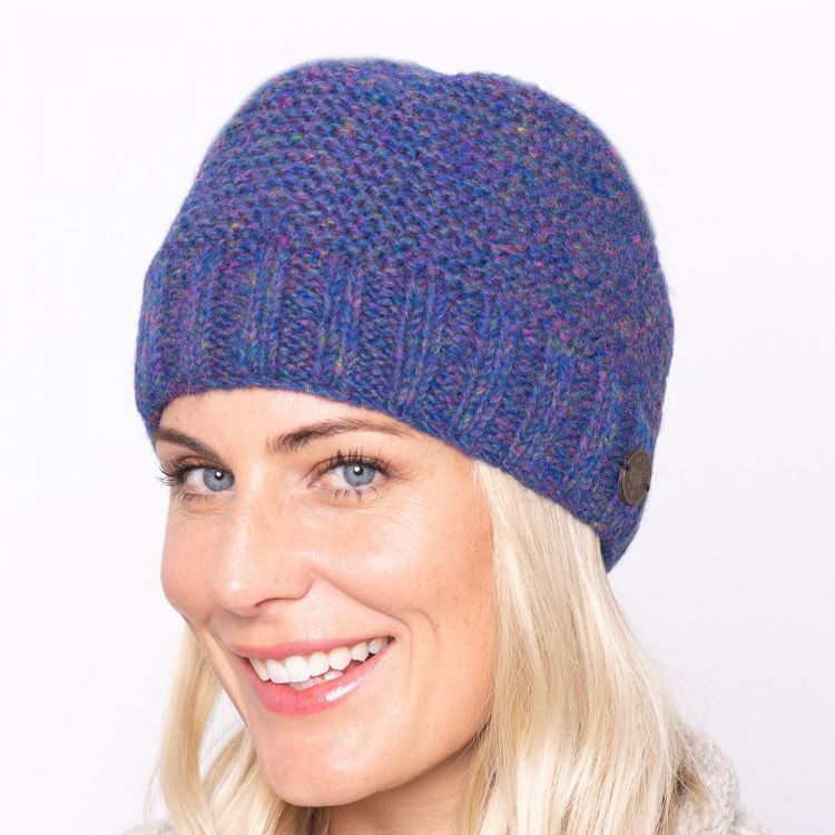 Pure Wool Half fleece lined - reverse ridge beanie - blue heather