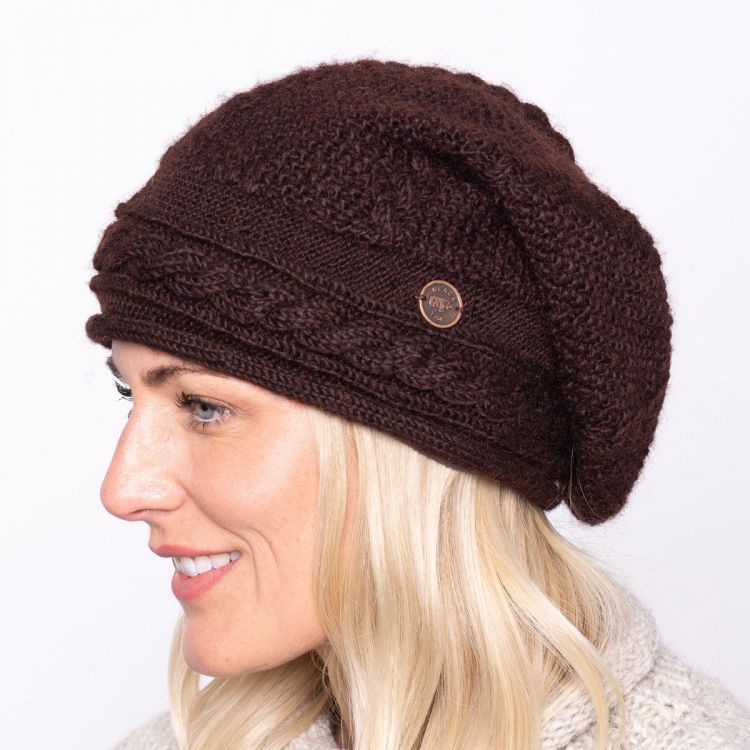 Pure wool - half fleece lined - cable slouch - Chestnut brown