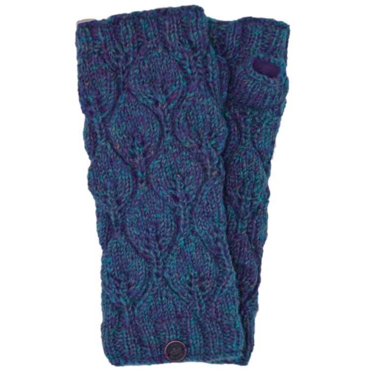 Fleece lined - leaf pattern -  wristwarmers - Blue Heather