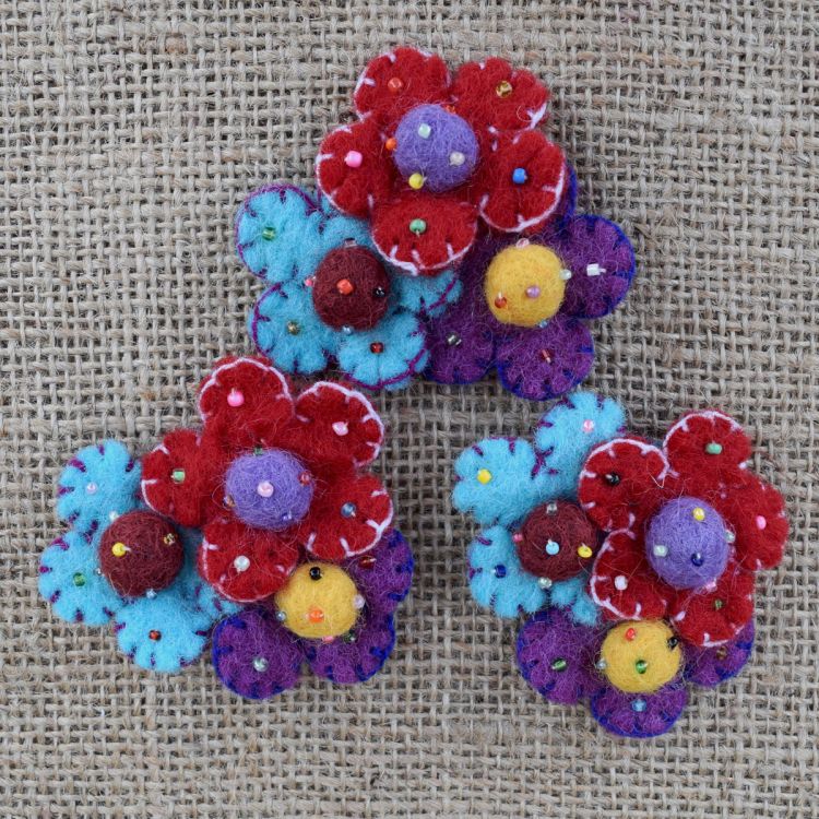 Three flower brooch - hand made felt - bright red, turquoise and purple