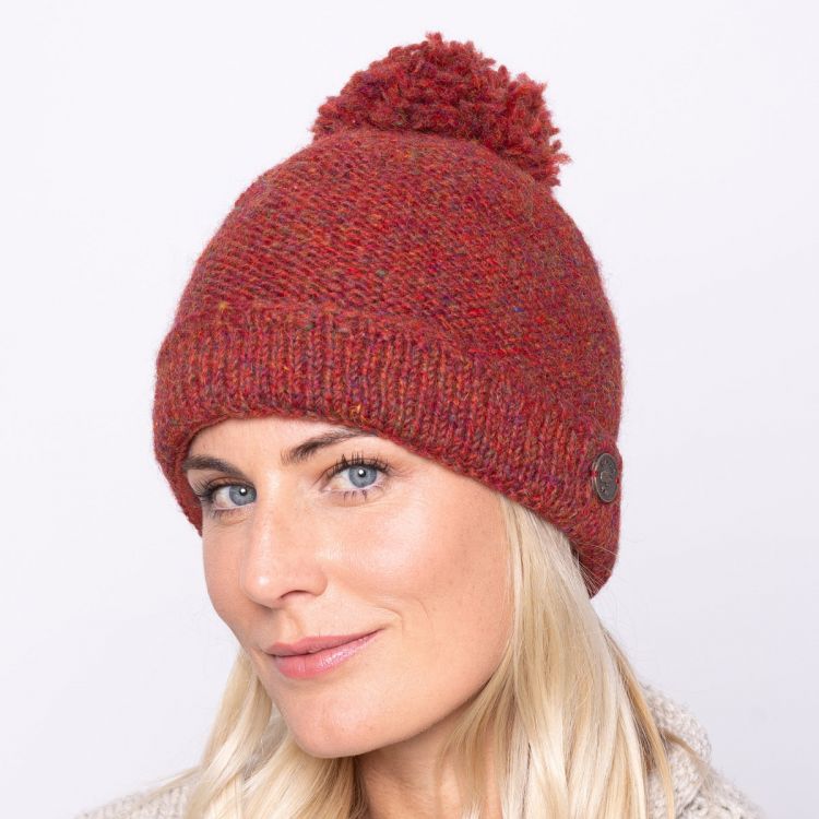 Pure wool - turn up bobble hat - rust heather