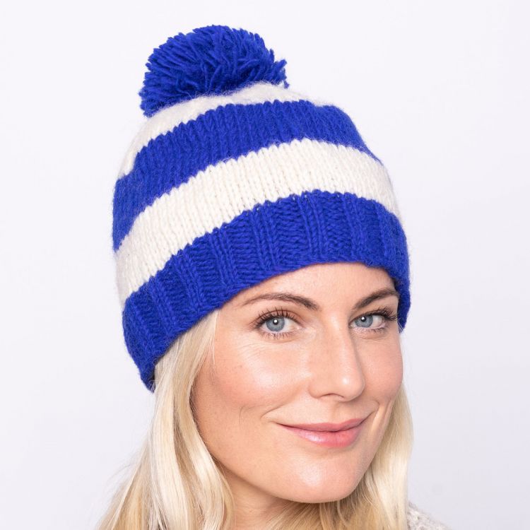 Pure wool - wide stripe bobble hat - blue/white