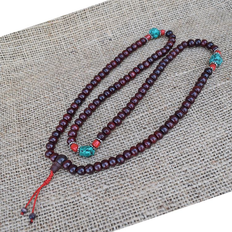 Mala beads - rosewood - red coral and turquoise