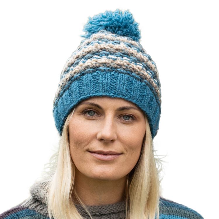 Blackberry bobble hat - hand knitted - pure wool - blue mix