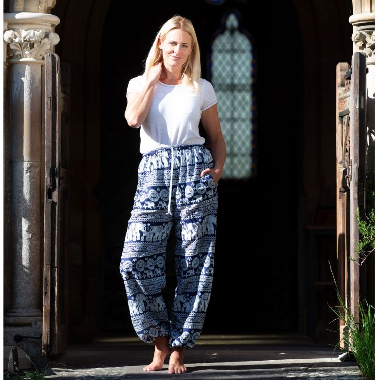 Elephant Print Harem Pants - Dark Blue