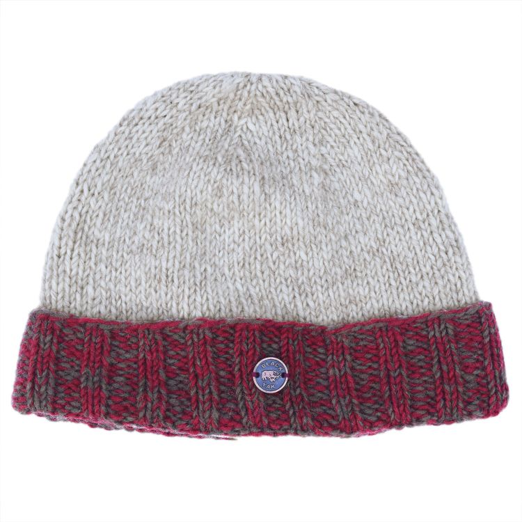 Hand knit pure wool - turn up beanie - spice/khaki-pale grey