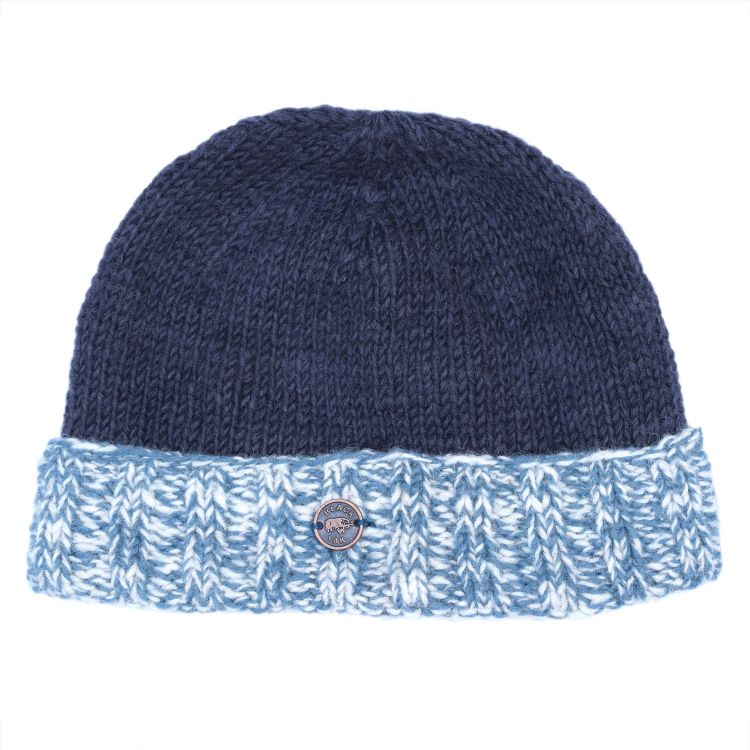 Hand knit pure wool - turn up beanie - blue/white-smoke