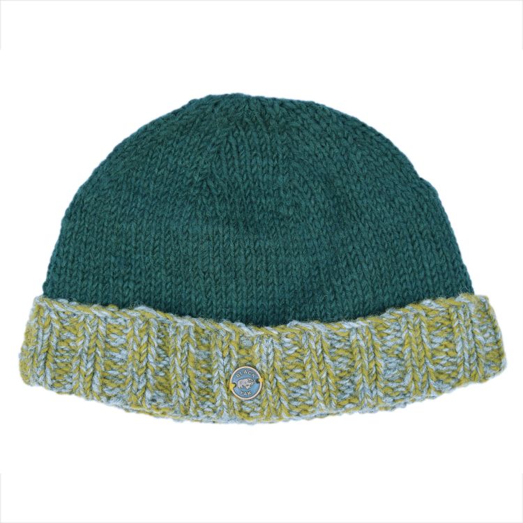 Hand knit pure wool - turn up beanie - pine green