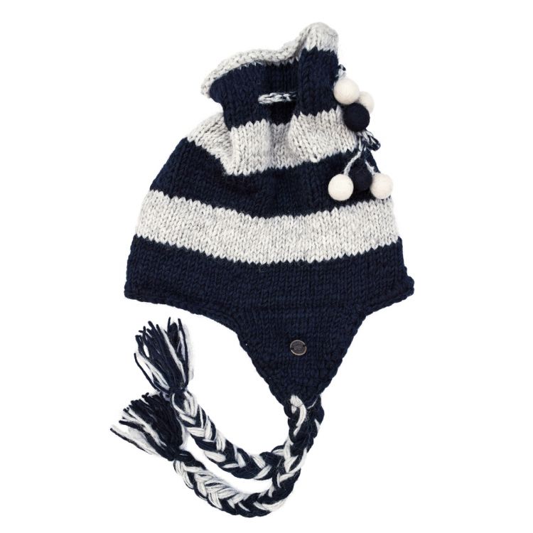 Pure Wool Hand knit - tie top - ear flap hat - broad stripe - Black/grey