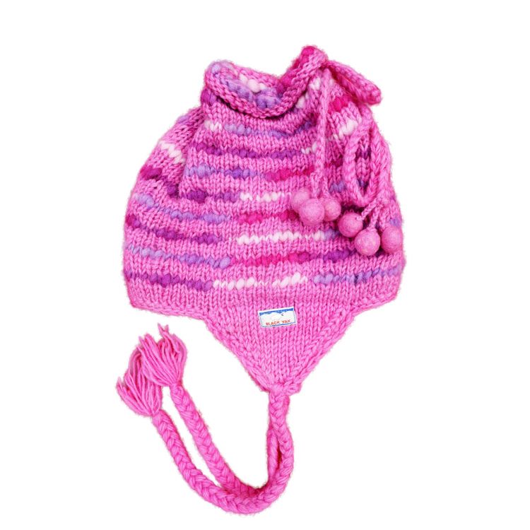 Pure wool - tie top/soft wool - ear flap hat - pinks