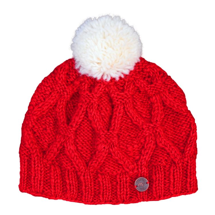 Pure wool - plain diamond cable - bobble hat - red