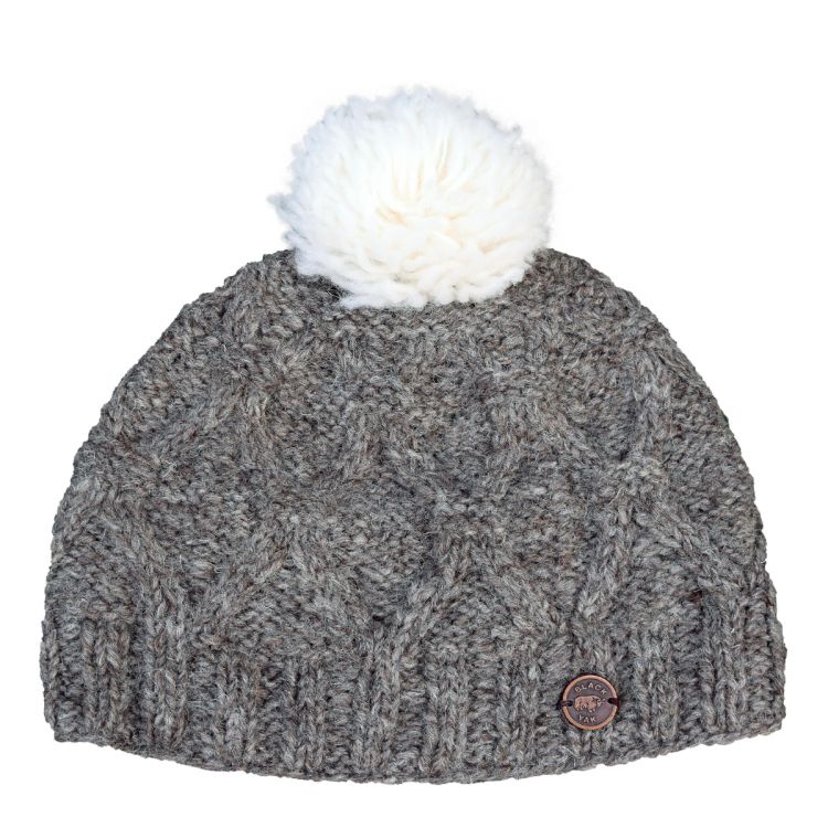 Pure wool - plain diamond cable - bobble hat - marl brown