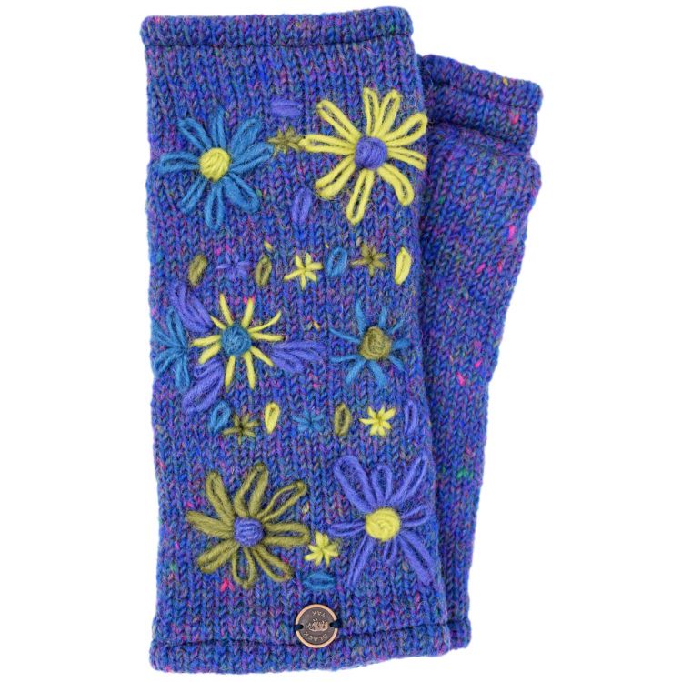 Hand embroidered flower - fleece lined wristwarmer - heather blue