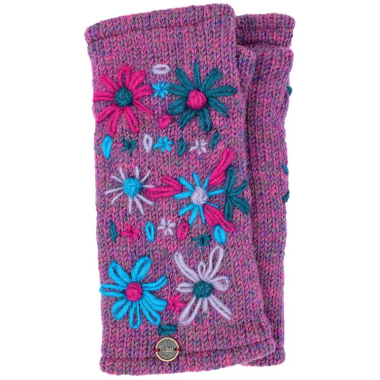 Hand embroidered flower - fleece lined wristwarmer - heather pink