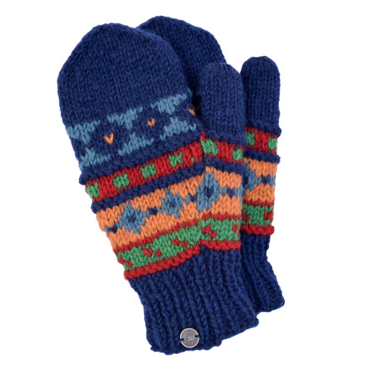 Hand knit pure wool - multi pattern mitten - dark blue