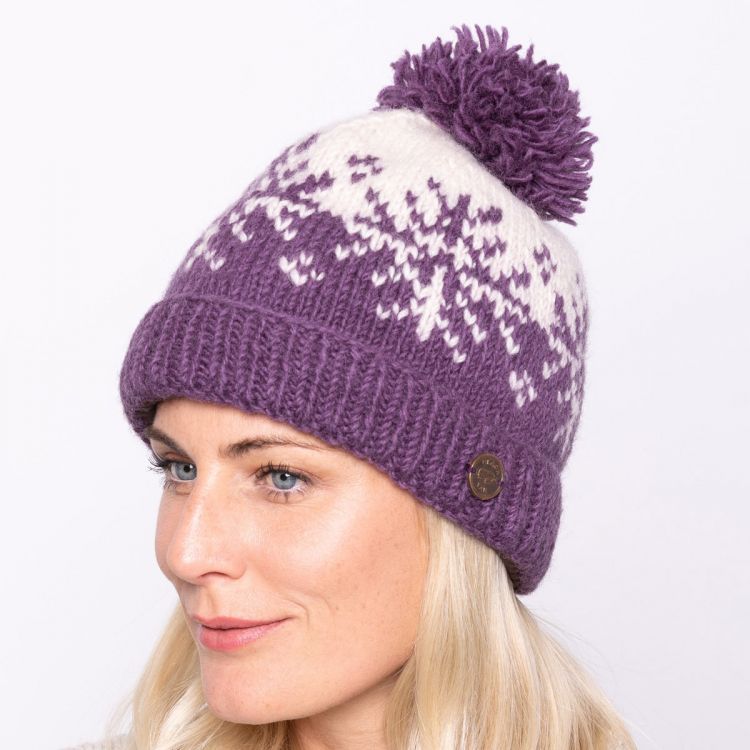 Hand knit - snowflake reflection - bobble hat - grape