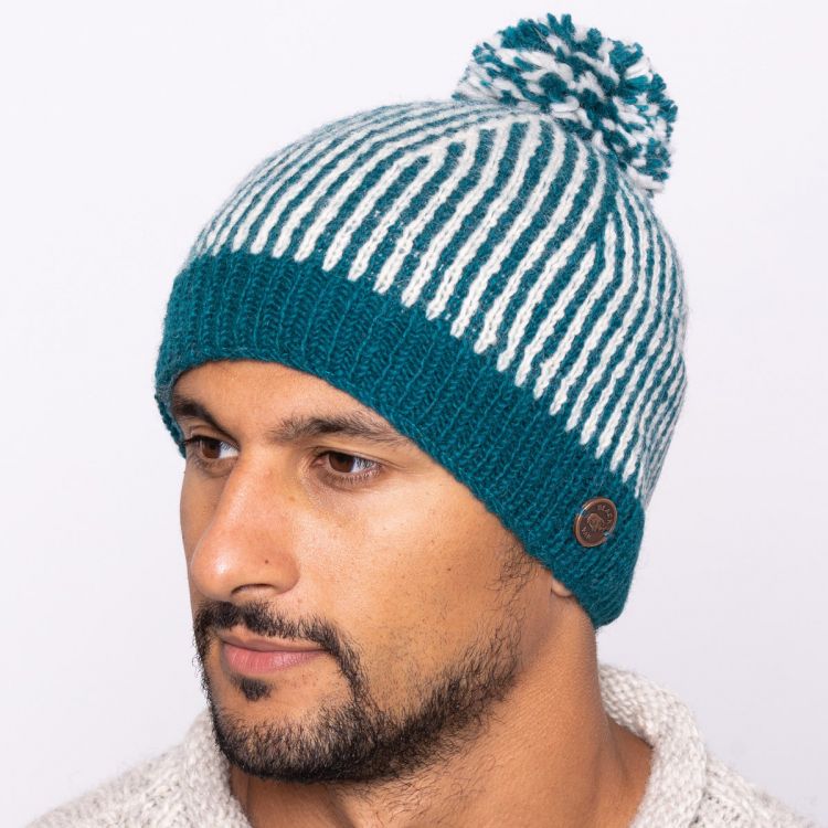 Hand knit - NAYA - pin stripe - bobble hat - pacific