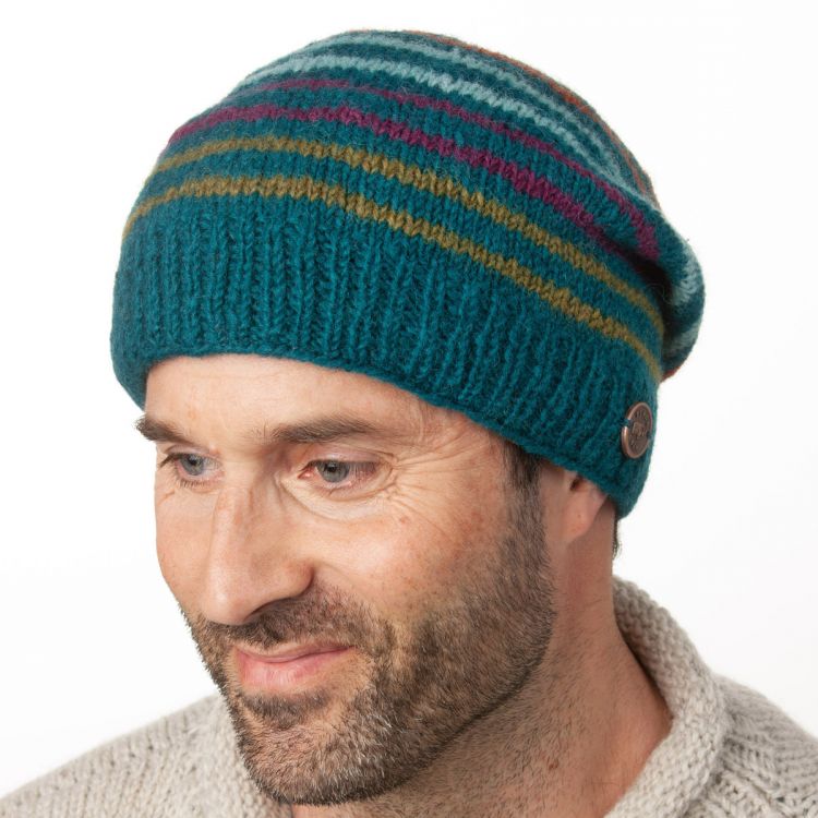 Pure Wool Hand knit - fine stripe - baggy beanie - teal