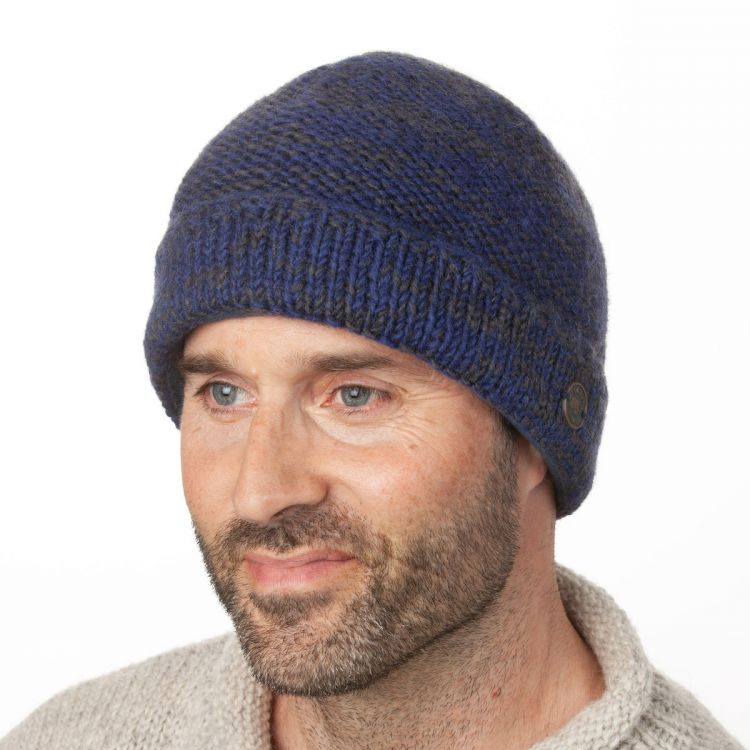 Two tone turn up beanie - pure wool - blue/smoke