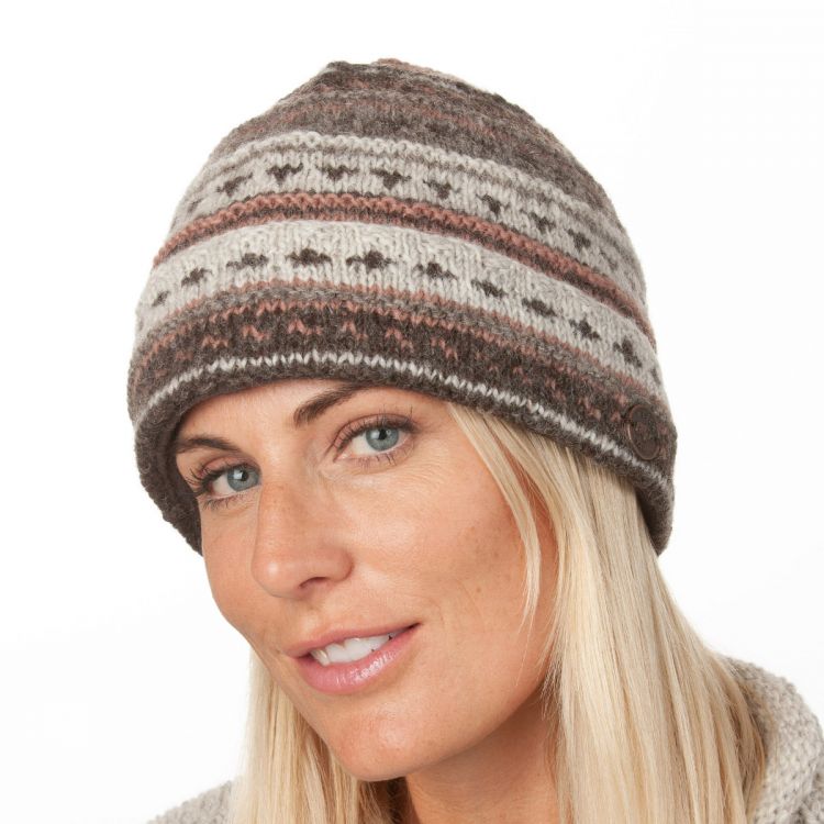 Pure Wool Turn up - pattern beanie hat - natural browns/blush