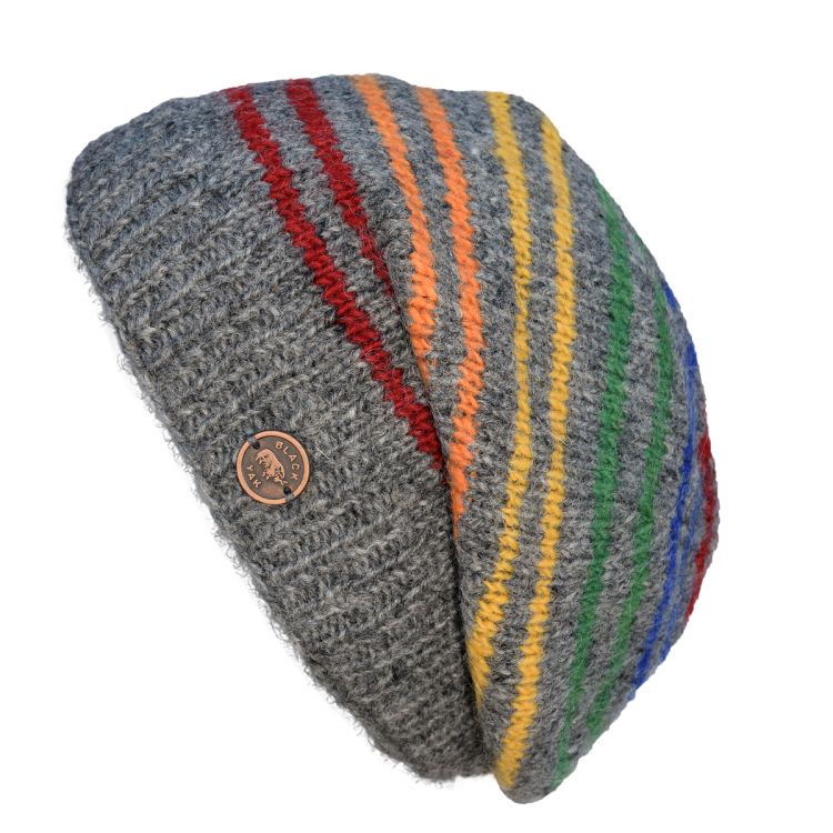 Pure Wool Hand knit - fine stripe - baggy beanie - rainbow