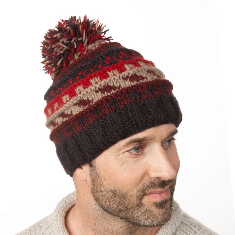 Pure wool Bobble Hat - Ridge Pattern - Brown/rust