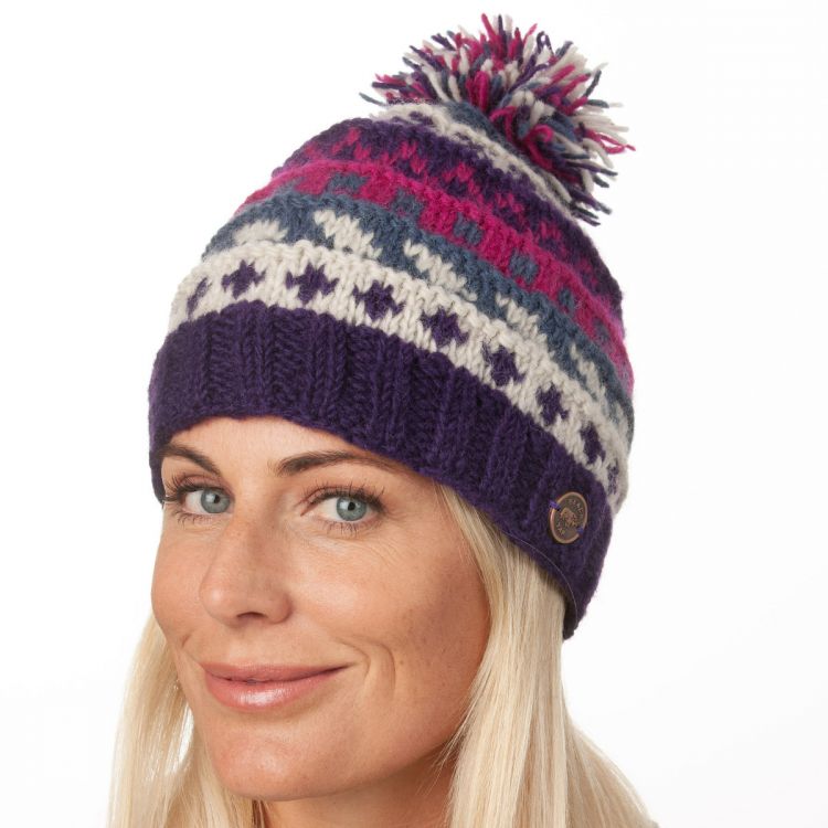 Pure wool Bobble Hat - Ridge Pattern - Purple/blue