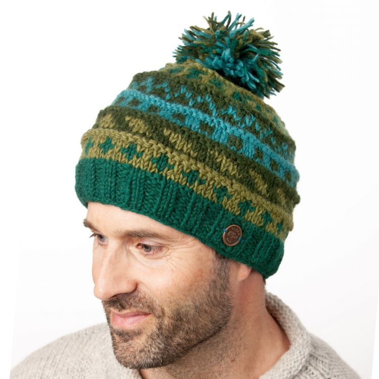 Pure wool Bobble Hat - Ridge Pattern - Greens