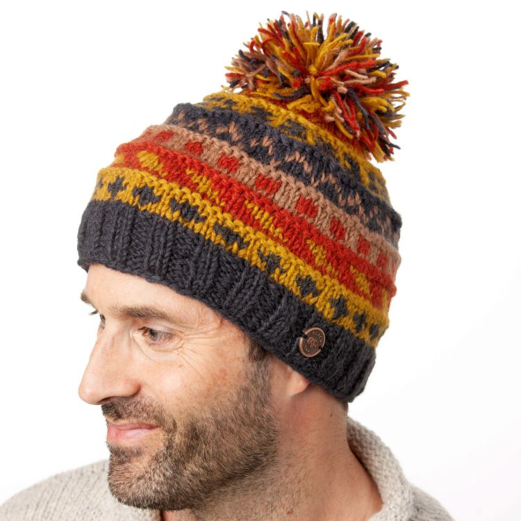 Pure wool Bobble Hat - Ridge Pattern - Mustard/mix