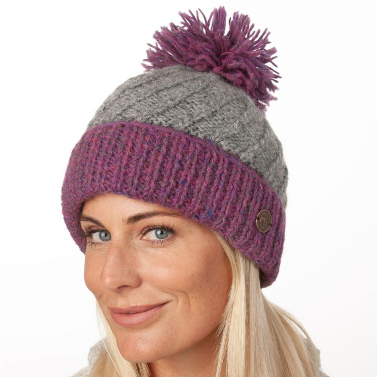 Pure Wool Hand knit - altitude turn up bobble hat - pink heather/mid grey