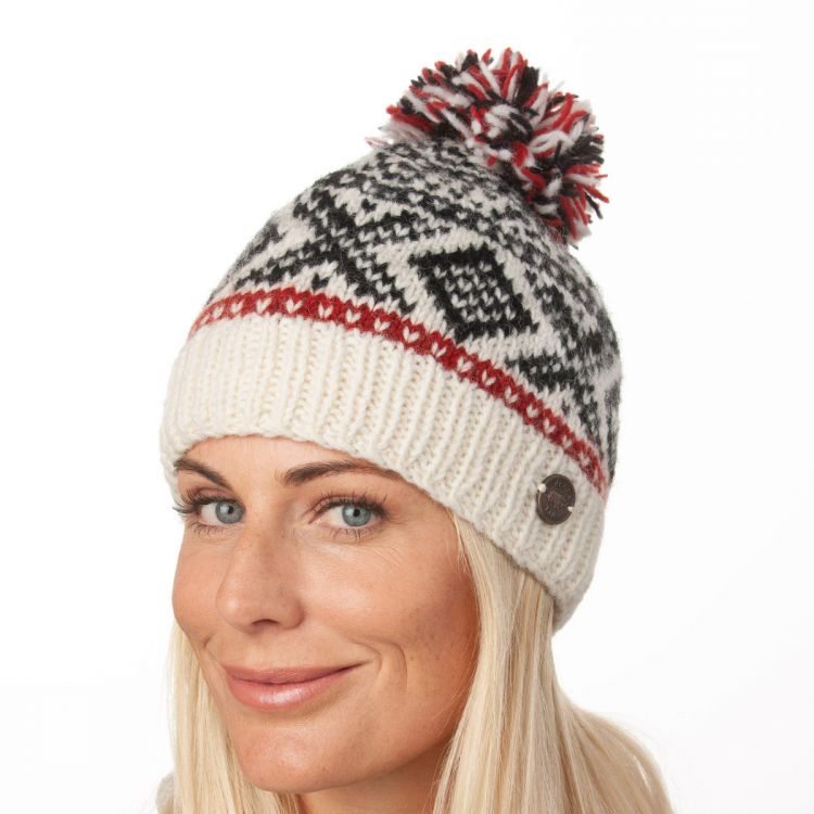 Pure wool - Scandi Bobble Hat - White/Red/Black