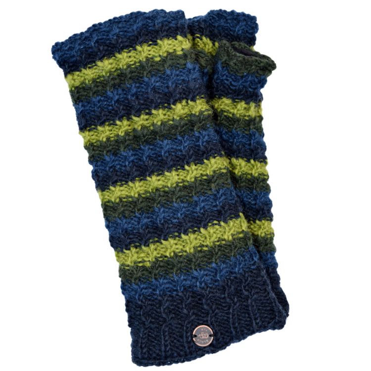 Pure wool hand knitted - curve stripe wristwarmers - Greens/teal
