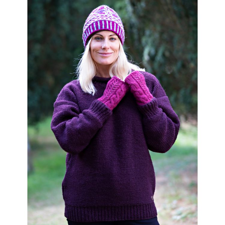 Pure wool - hand knit - plain cuff jumper - Aubergine