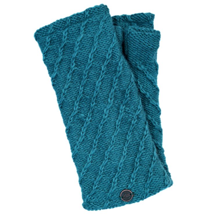 Hand knit - diagonal chain stitch wristwarmer - mosaic blue