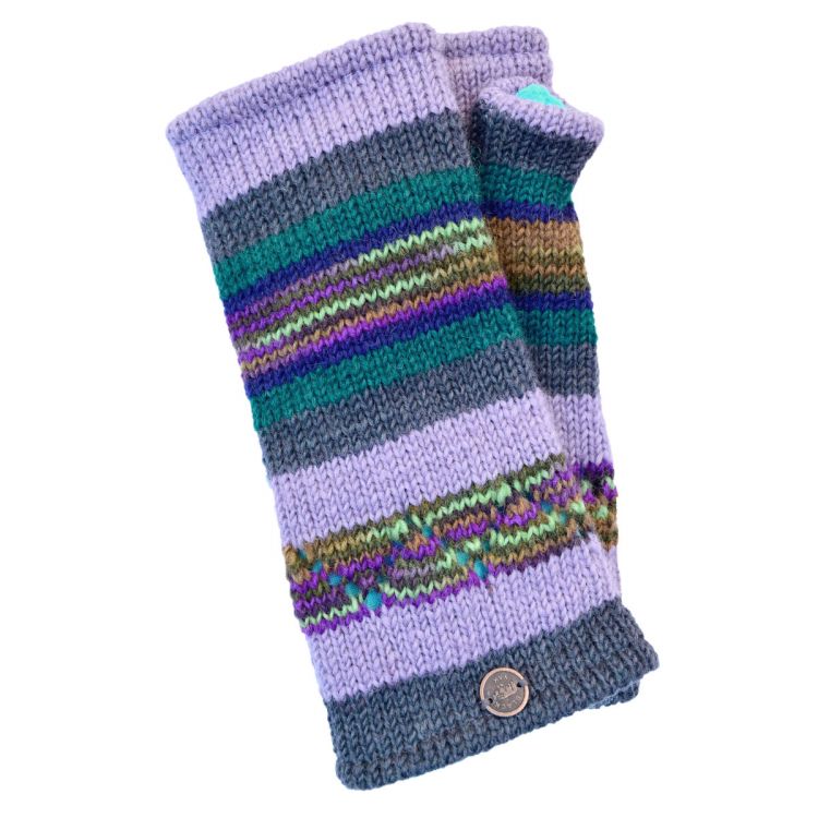 Hand knit - notch stripe wristwarmer - lilac/pacific