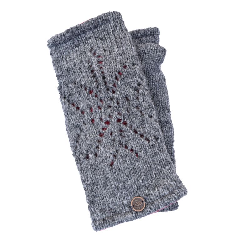 Pure wool - open butterfly wristwarmer - mid grey with red lining