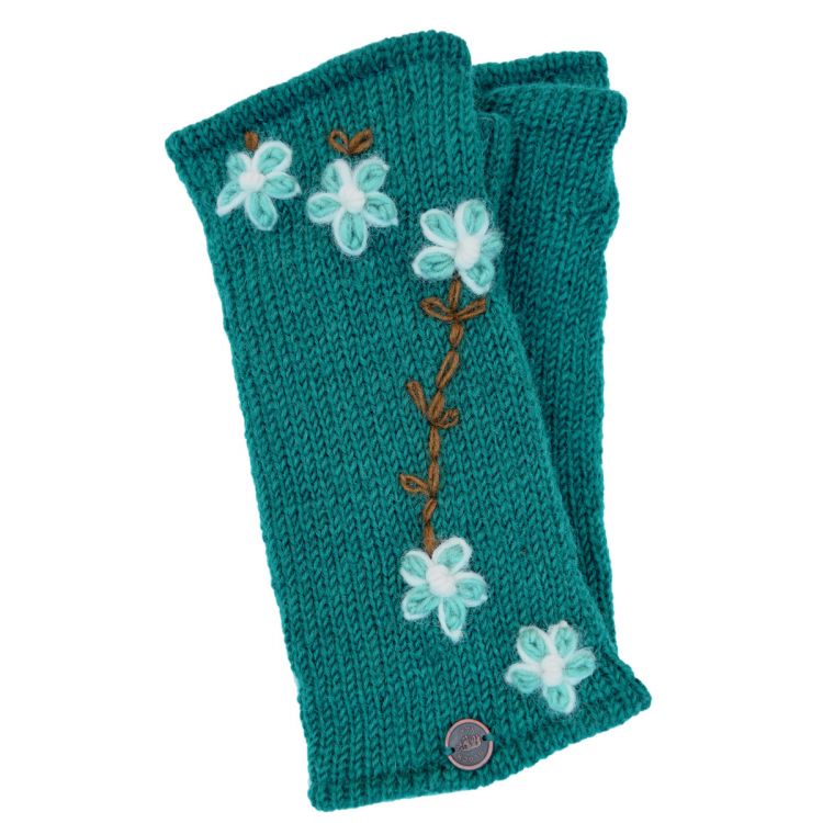 Hand embroidered - petite flower wristwarmers - pacific