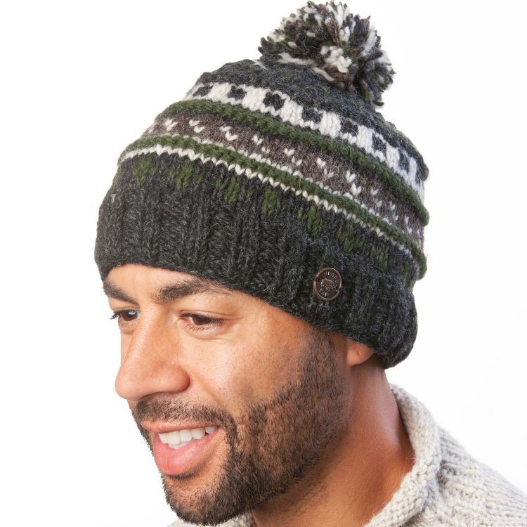 Pure wool Bobble Hat - Ridge Pattern - Grey/Green