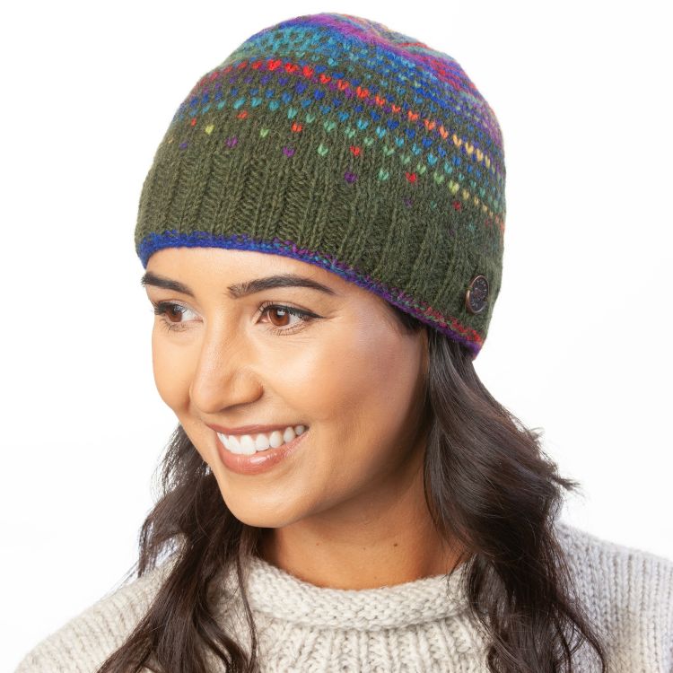 Pure Wool Hand knit - solar tick beanie - forest green