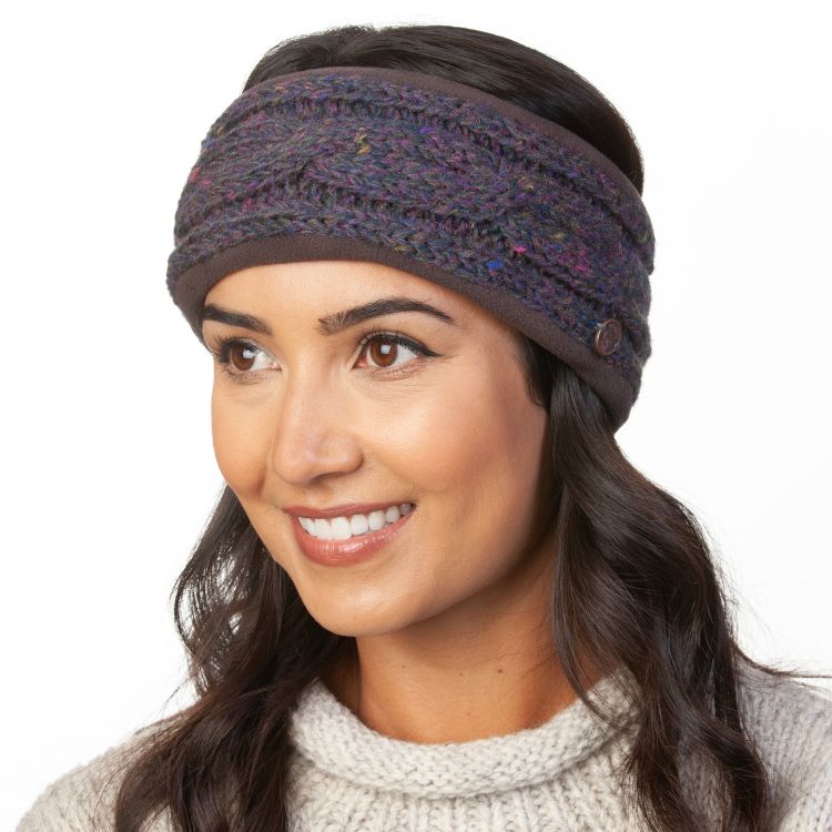 Pure Wool Fleece lined headband - cable - heather purple