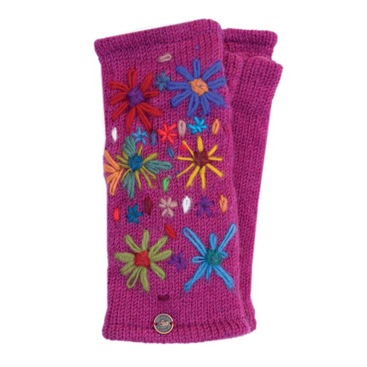Hand embroidered flower - fleece lined - wristwarmer - berry