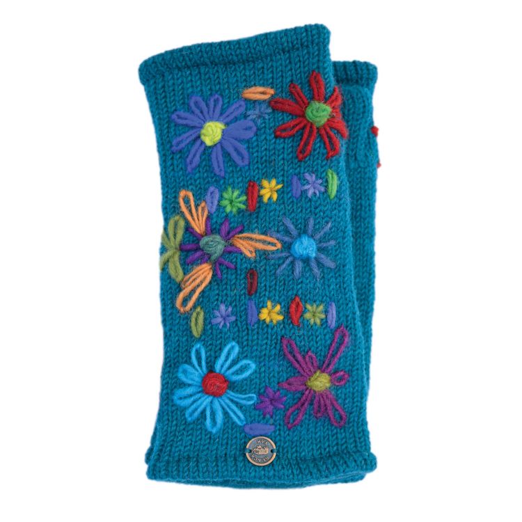 Hand embroidered flower - fleece lined - wristwarmer - pacific