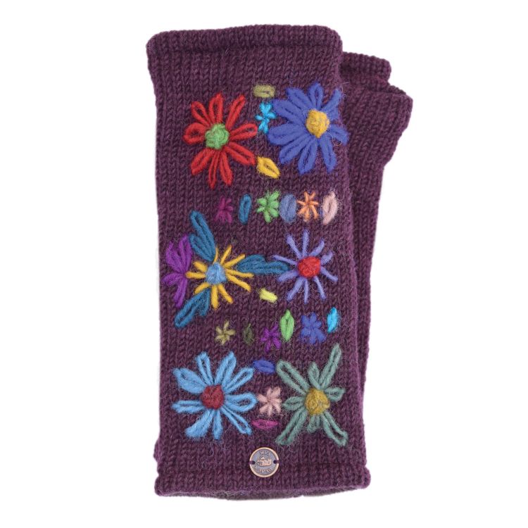 Hand embroidered flower - fleece lined - wristwarmer - aubergine
