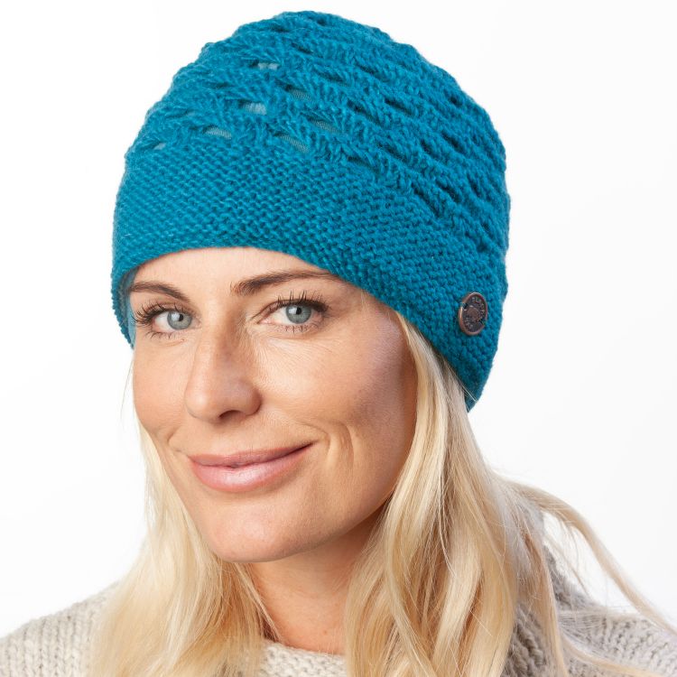 Mesh Beanie - pure wool hat - fleece lined - turquoise