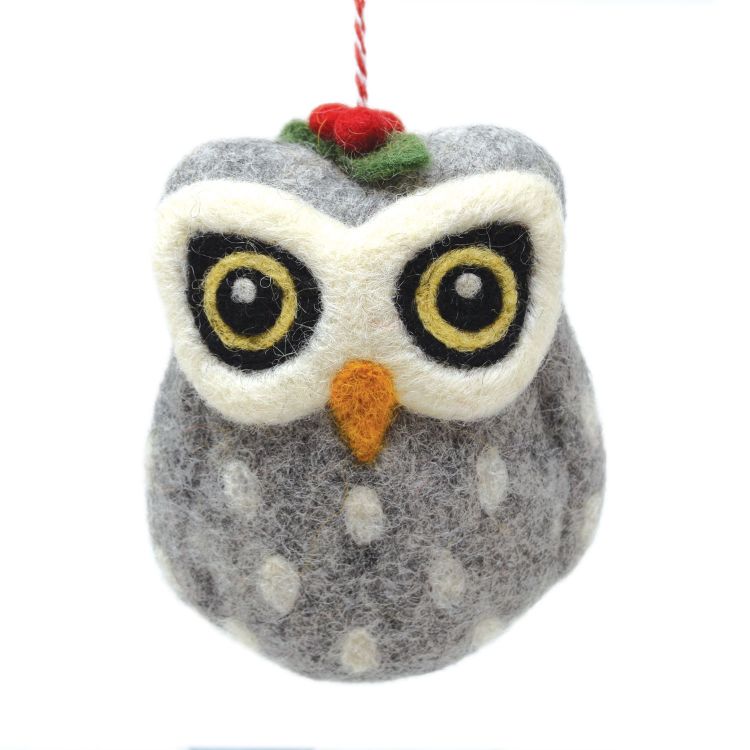 Handmade Christmas - Wool Felt Hanging Decoration - Grey Owl