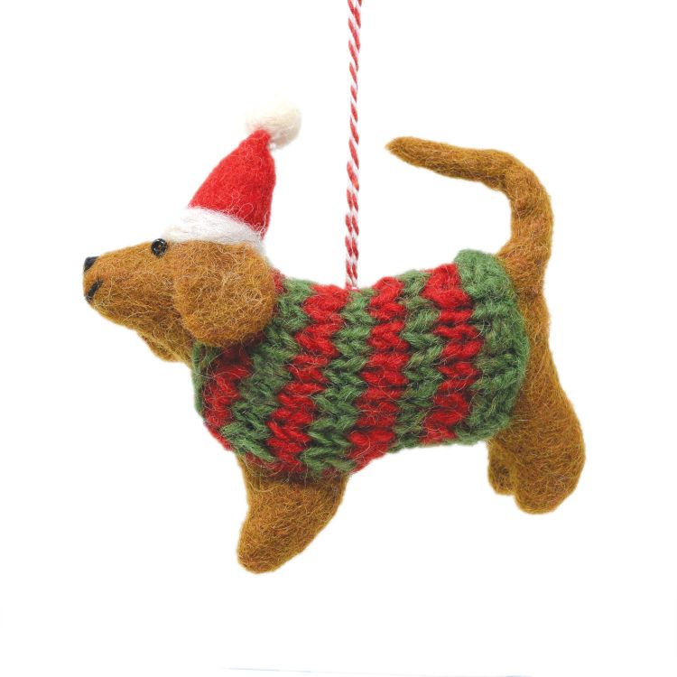 Handmade Christmas - Wool Felt Hanging Decoration - Dog with Jumper