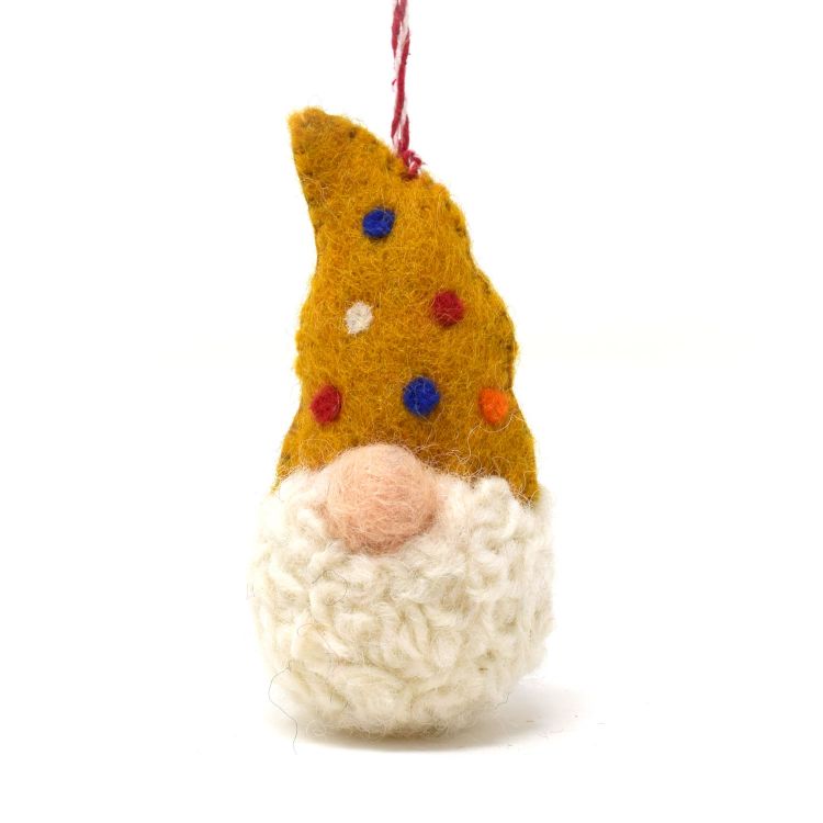 Handmade Christmas - Wool Felt Decoration - Yellow Rainbow Dotty Gonk