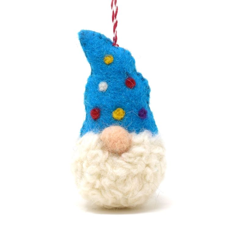 Handmade Christmas - Wool Felt Decoration - Blue Rainbow Dotty Gonk